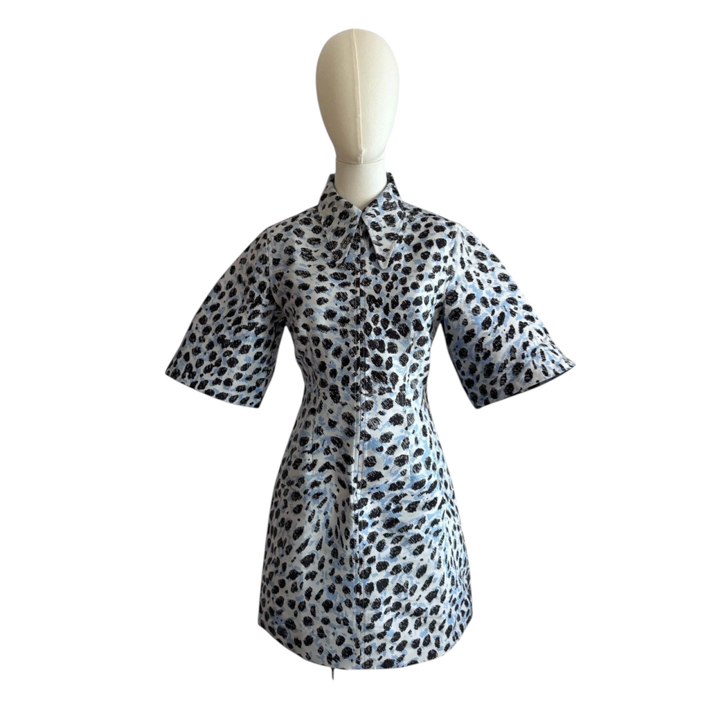 GANNI – Abito Mini in Crispy Jacquard Animalier (Azzurro/Nero) – Taglia 34