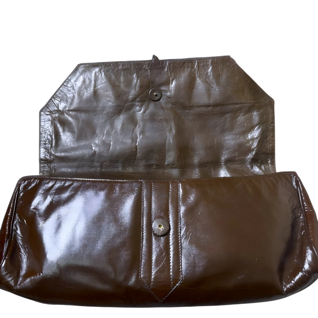 Pochette Vintage Maxi in Pelle Lucida Marrone Cioccolato – Design Anni '70/'80