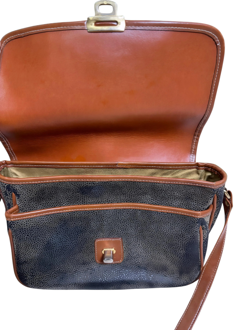 Borsa a tracolla vintage in pelle nera – Interno Tartan – Da restaurare