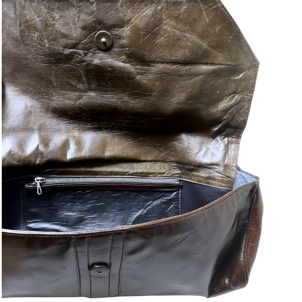 Pochette Vintage Maxi in Pelle Lucida Marrone Cioccolato – Design Anni '70/'80