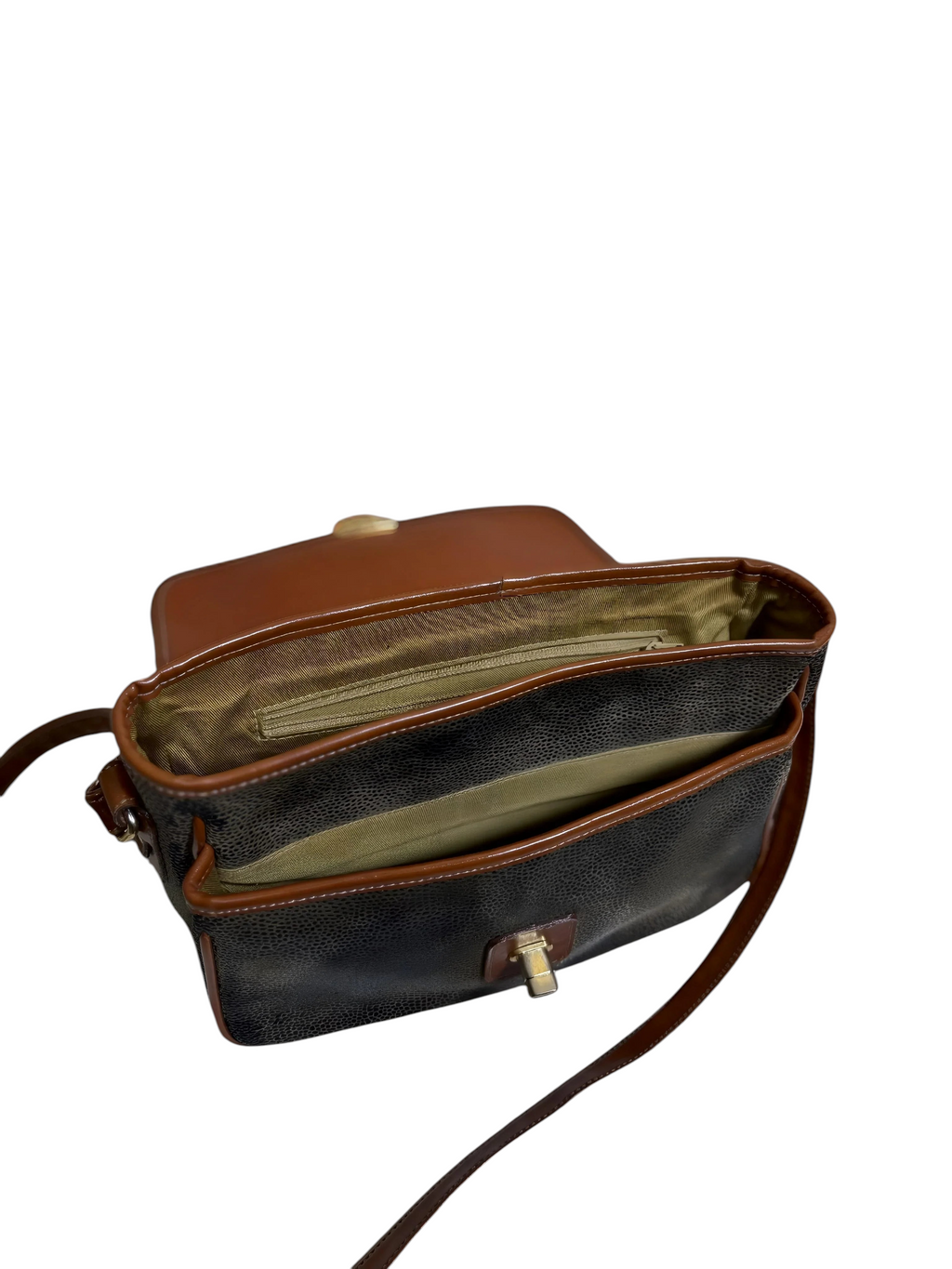 Borsa a tracolla vintage in pelle nera – Interno Tartan – Da restaurare