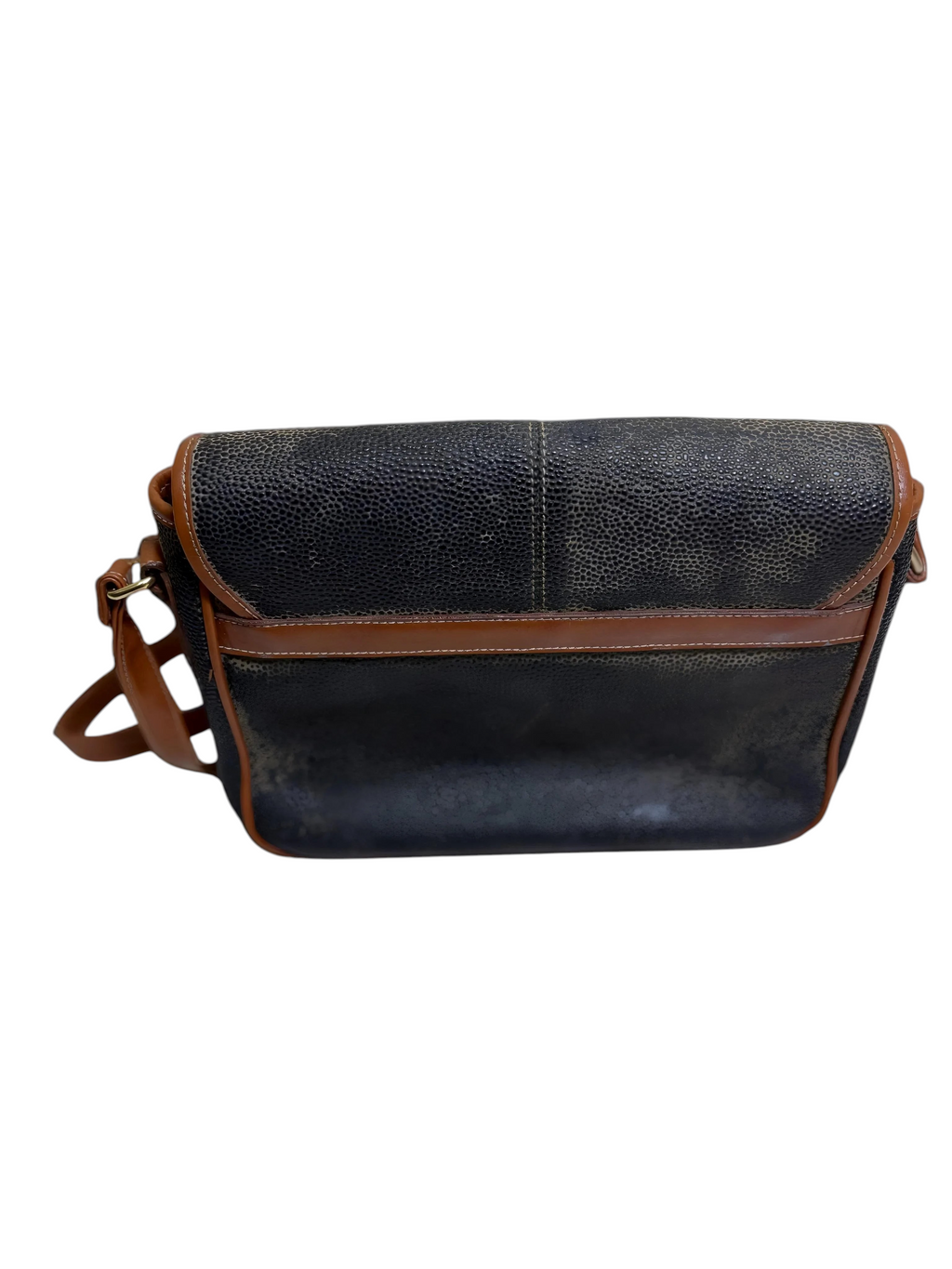 Borsa a tracolla vintage in pelle nera – Interno Tartan – Da restaurare