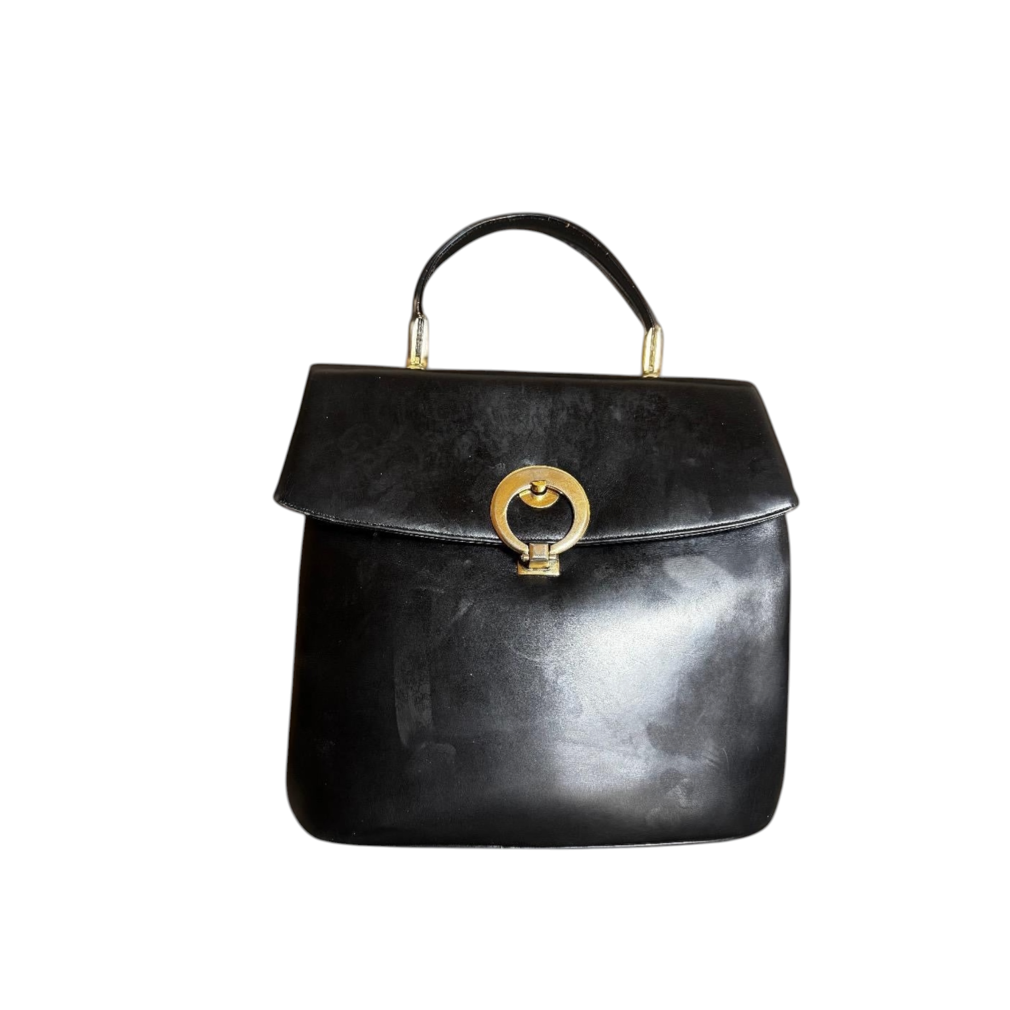 Borsa a mano vintage in pelle nera con chiusura a cerchio dorato.