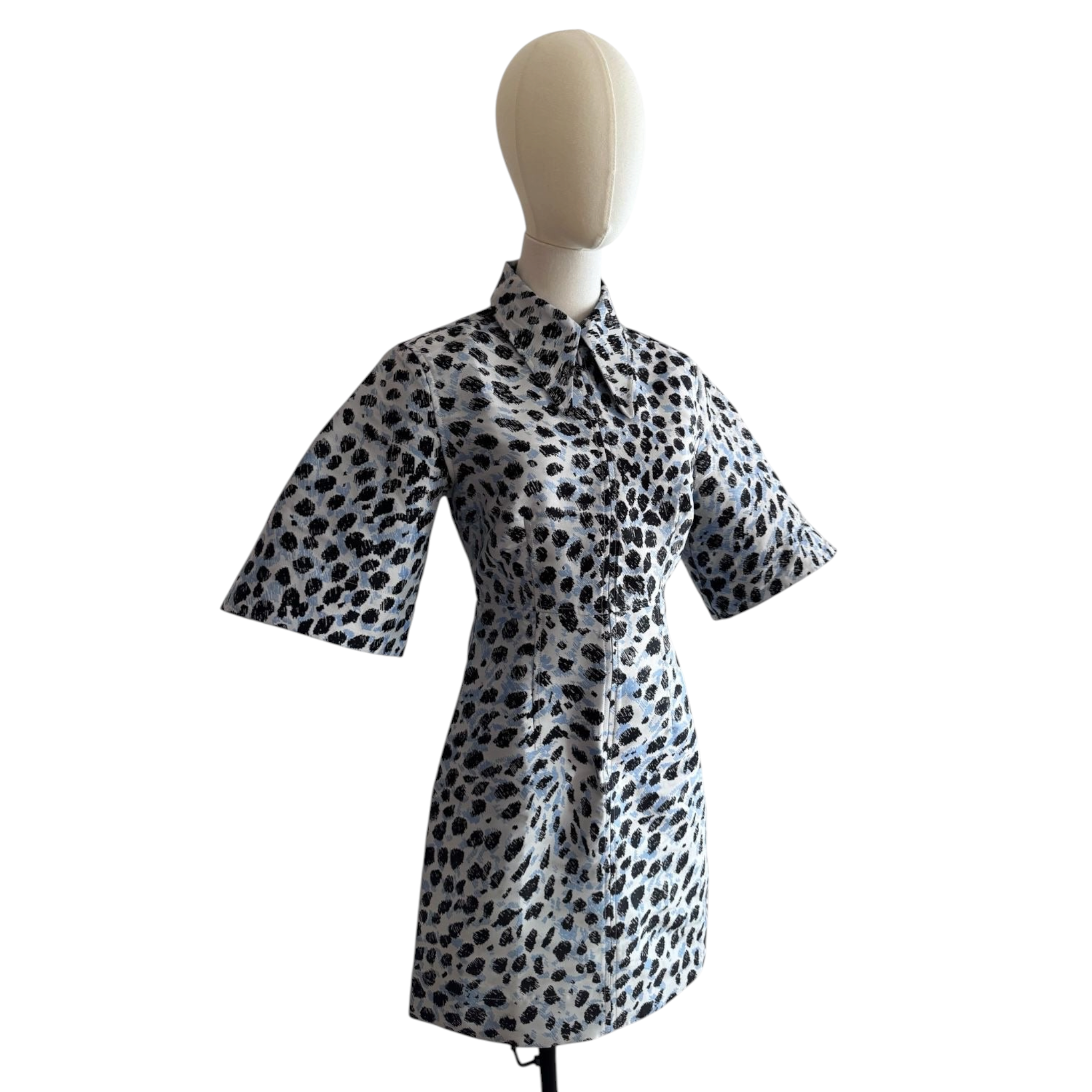 GANNI – Abito Mini in Crispy Jacquard Animalier (Azzurro/Nero) – Taglia 34