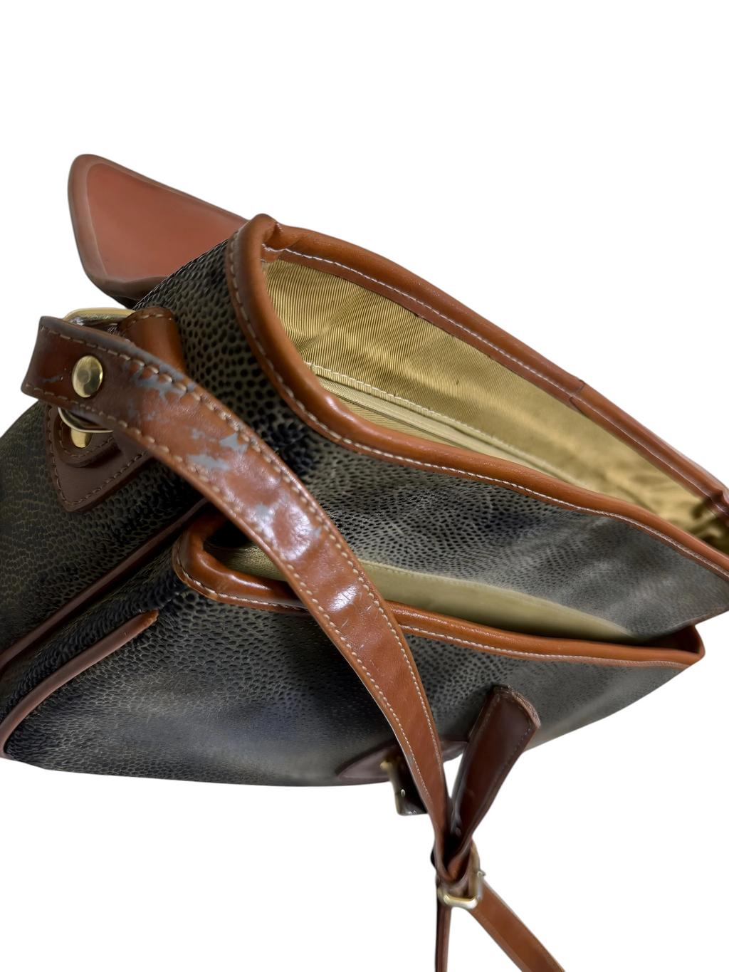 Borsa a tracolla vintage in pelle nera – Interno Tartan – Da restaurare