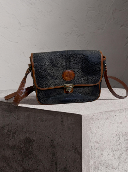 Borsa a tracolla vintage in pelle nera – Interno Tartan – Da restaurare