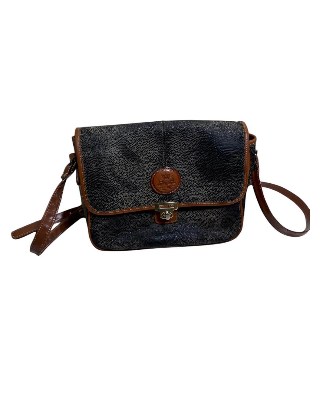 Borsa a tracolla vintage in pelle nera – Interno Tartan – Da restaurare
