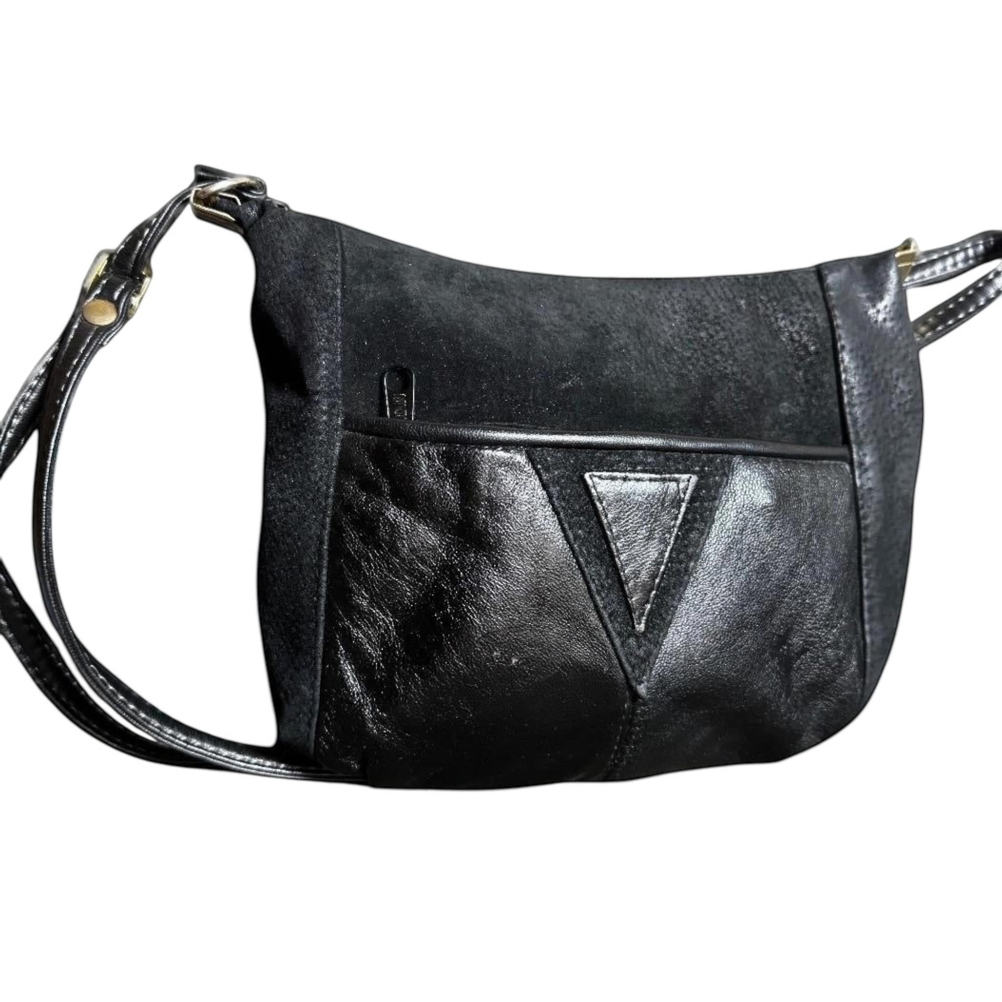 Borsa a spalla Vintage in Vera Pelle e Camoscio Nero - Texture Mix & Dettaglio Geometrico