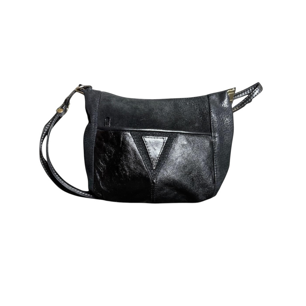 Borsa a spalla Vintage in Vera Pelle e Camoscio Nero - Texture Mix & Dettaglio Geometrico