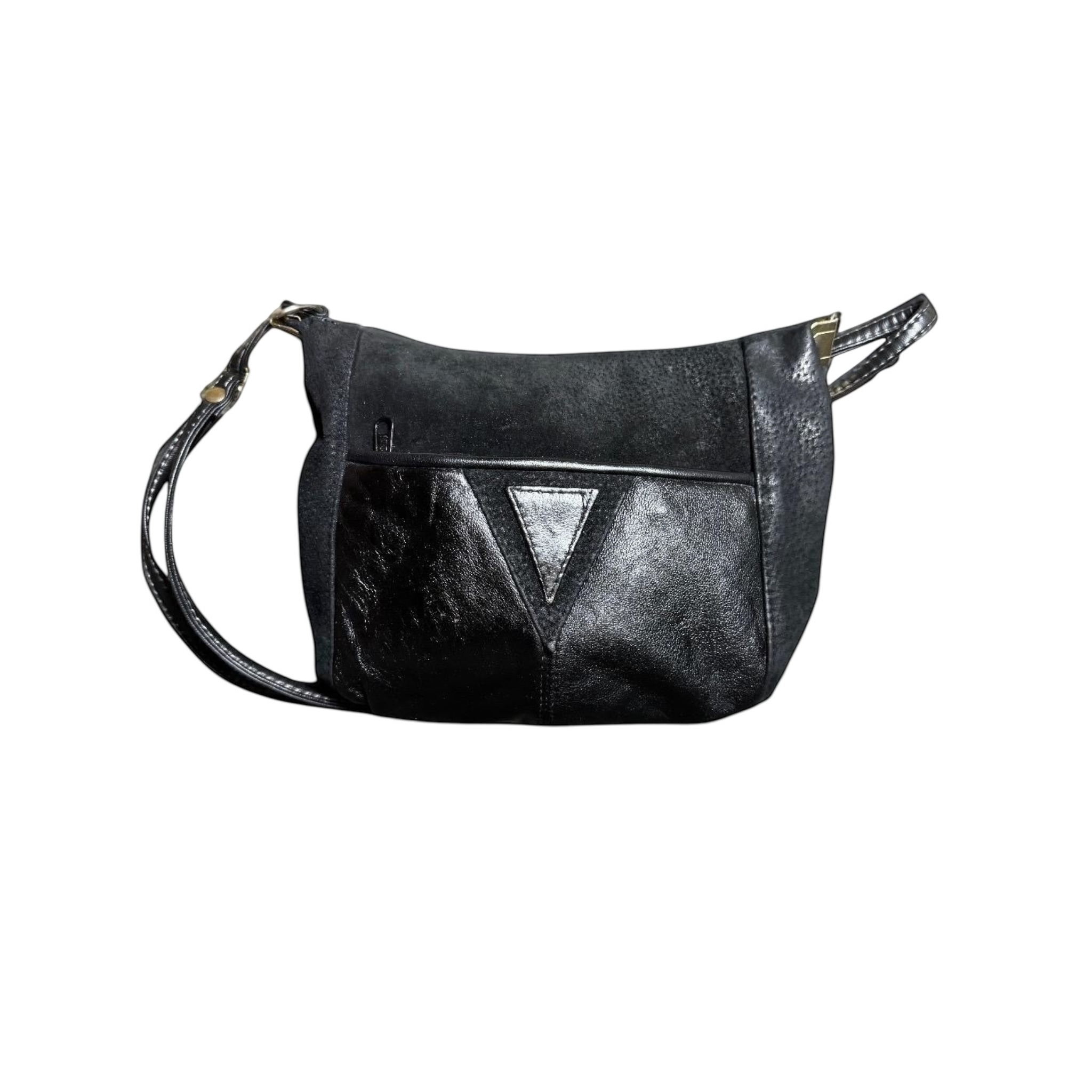Borsa a spalla Vintage in Vera Pelle e Camoscio Nero - Texture Mix & Dettaglio Geometrico