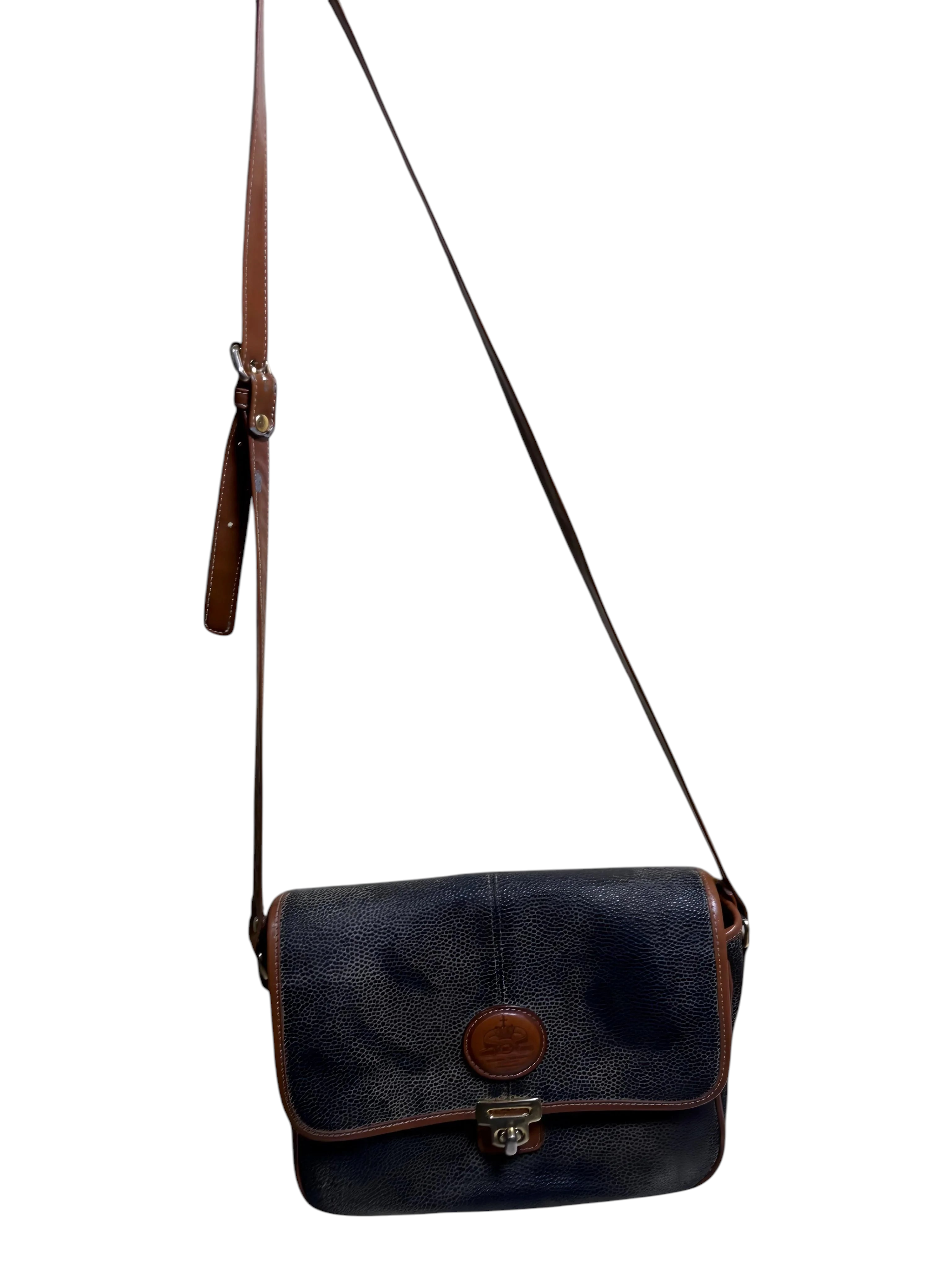 Borsa a tracolla vintage in pelle nera – Interno Tartan – Da restaurare