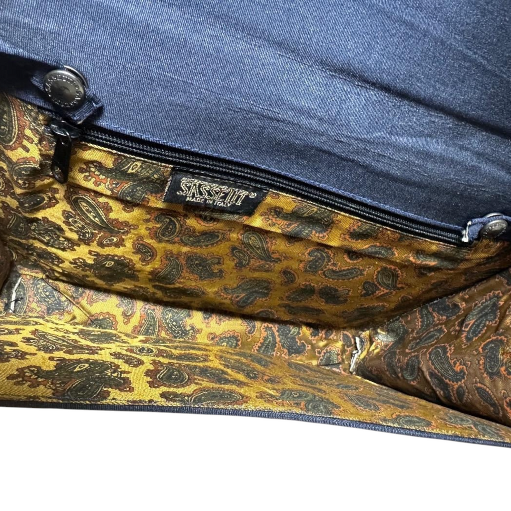 Borsa Vintage Sassetti Made in Italy - Clutch a Spalla in Gros-Grain Blu Notte con Interno Paisley