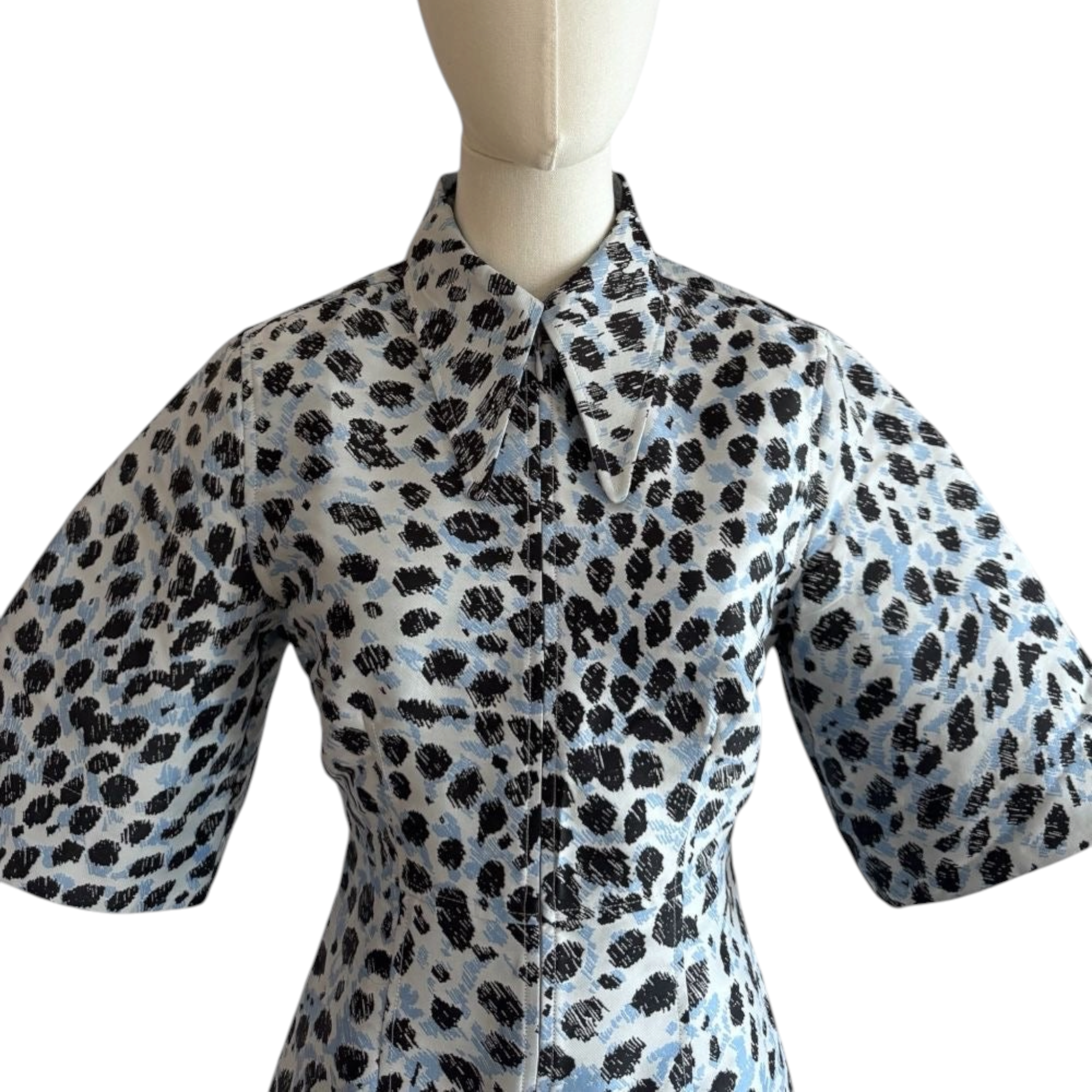 GANNI – Abito Mini in Crispy Jacquard Animalier (Azzurro/Nero) – Taglia 34